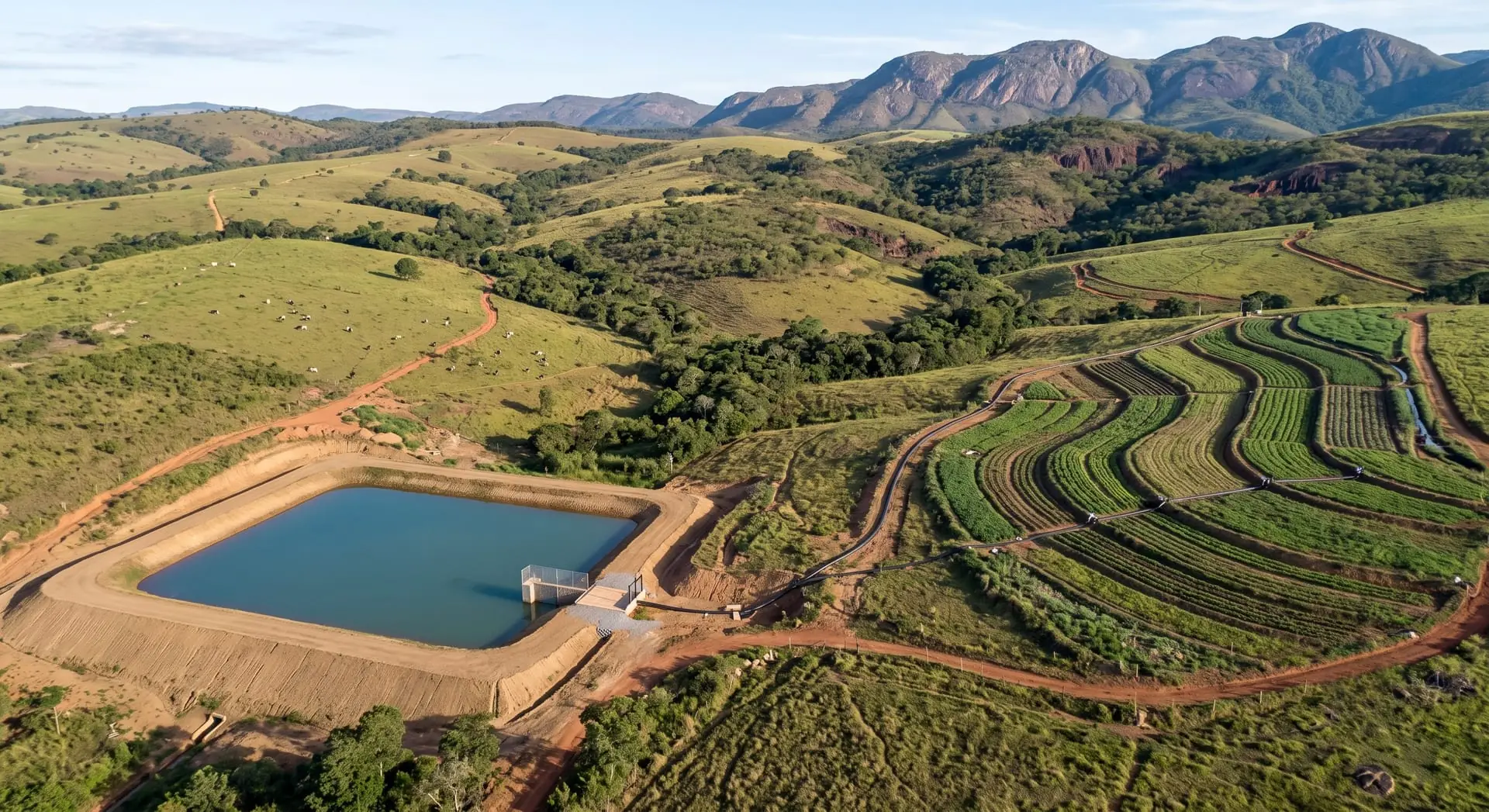 Reservatório de irrigação e faixas de plantio vistos de cima
