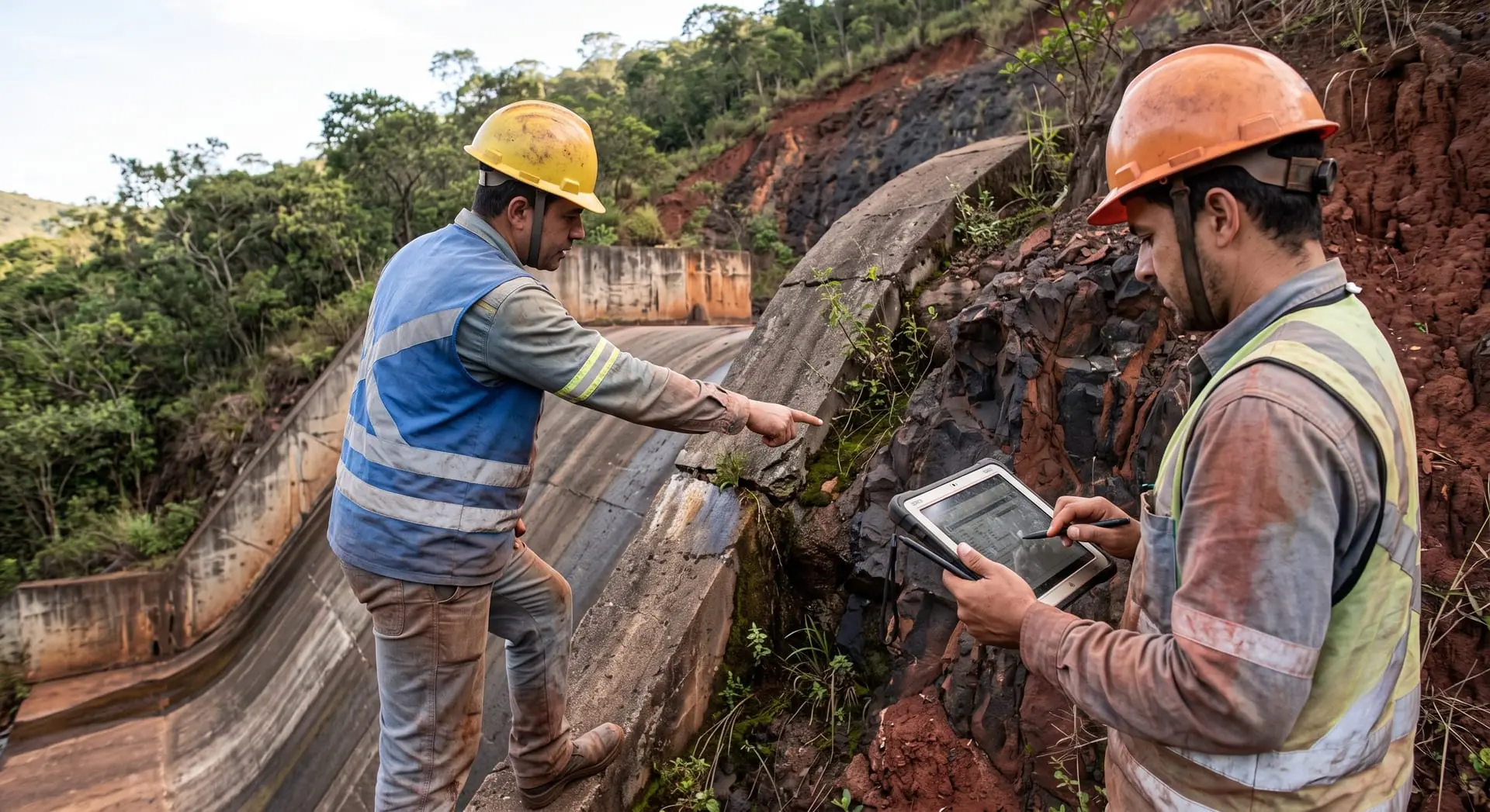 Engenheiros em vistoria técnica de estrutura geotécnica