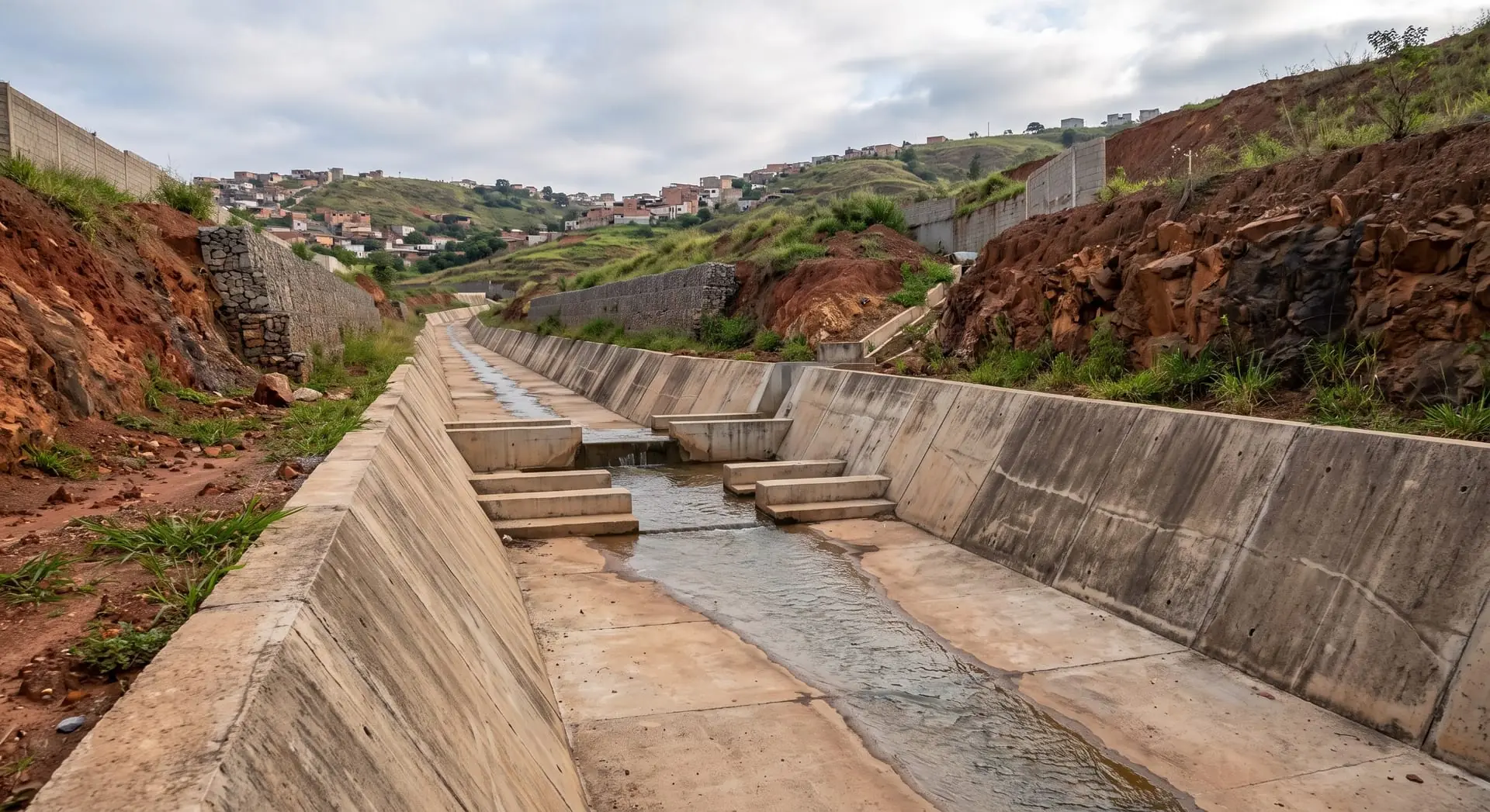 Canal de drenagem urbana concretado em encosta