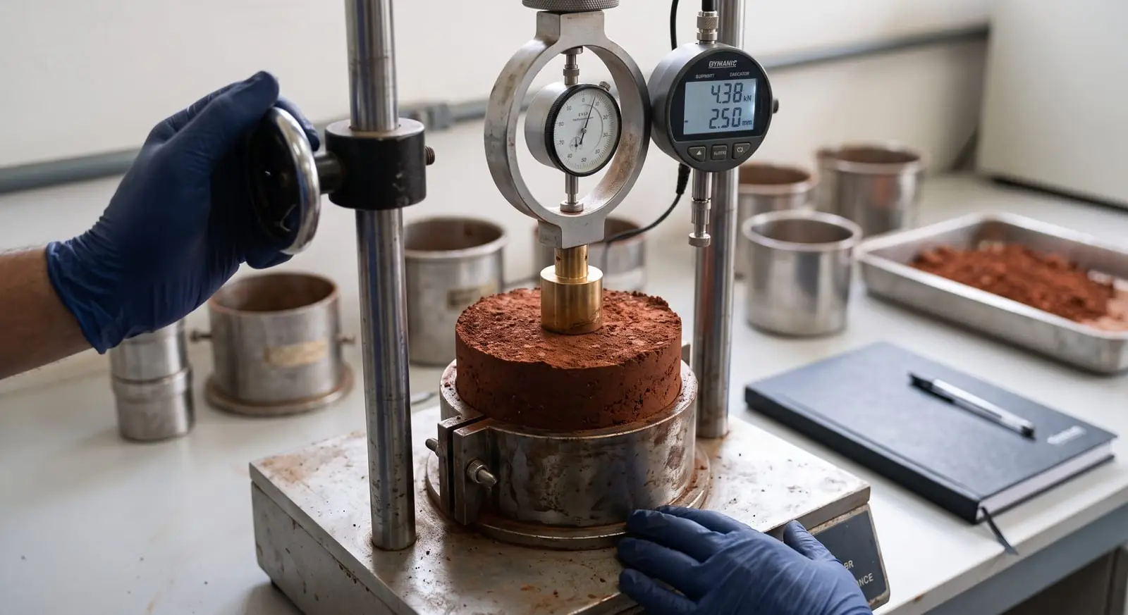 Ensaio de compactação CBR em laboratório, leitura de carga