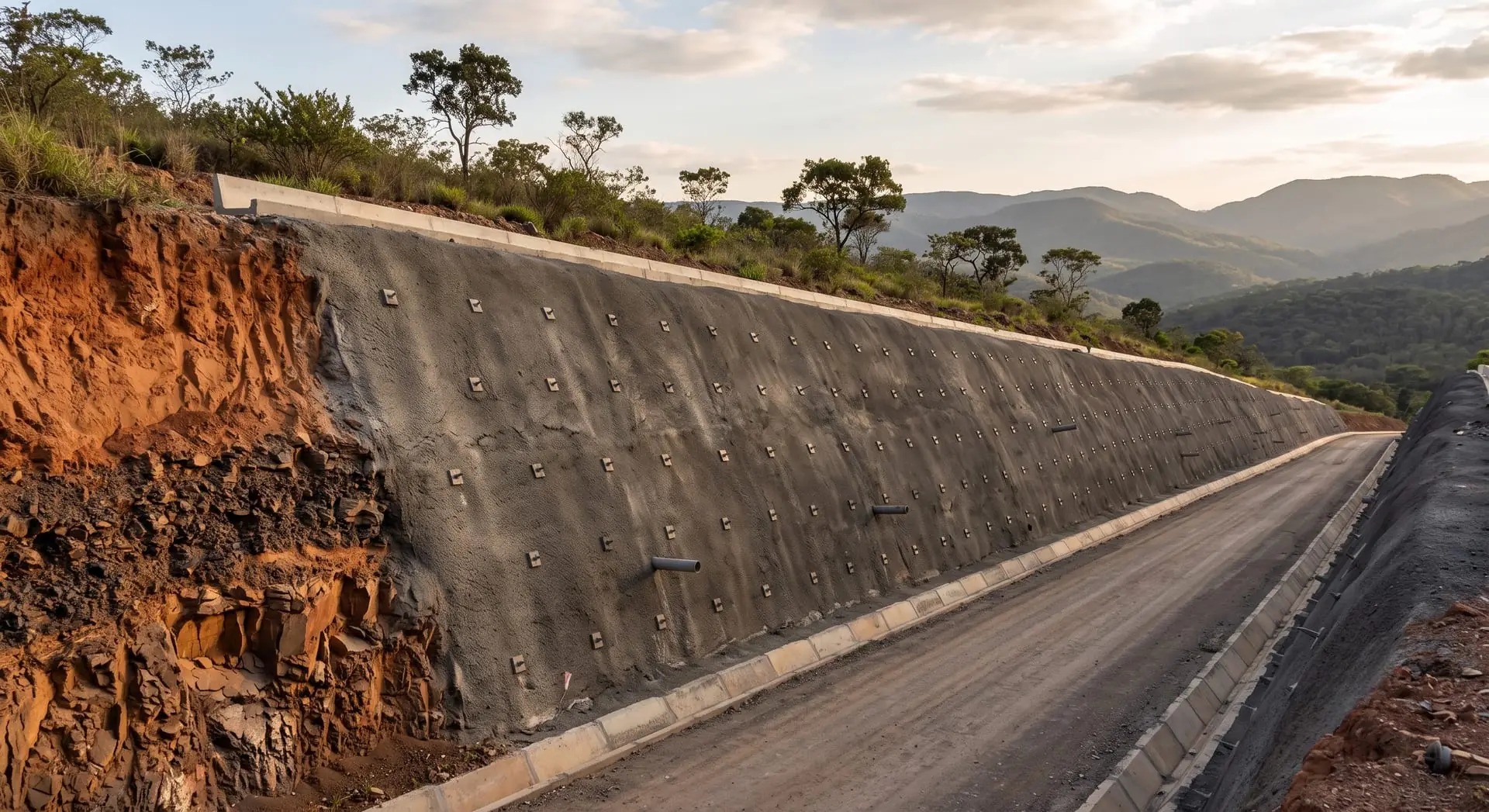 Muro de contenção com grampeamento em talude de vale
