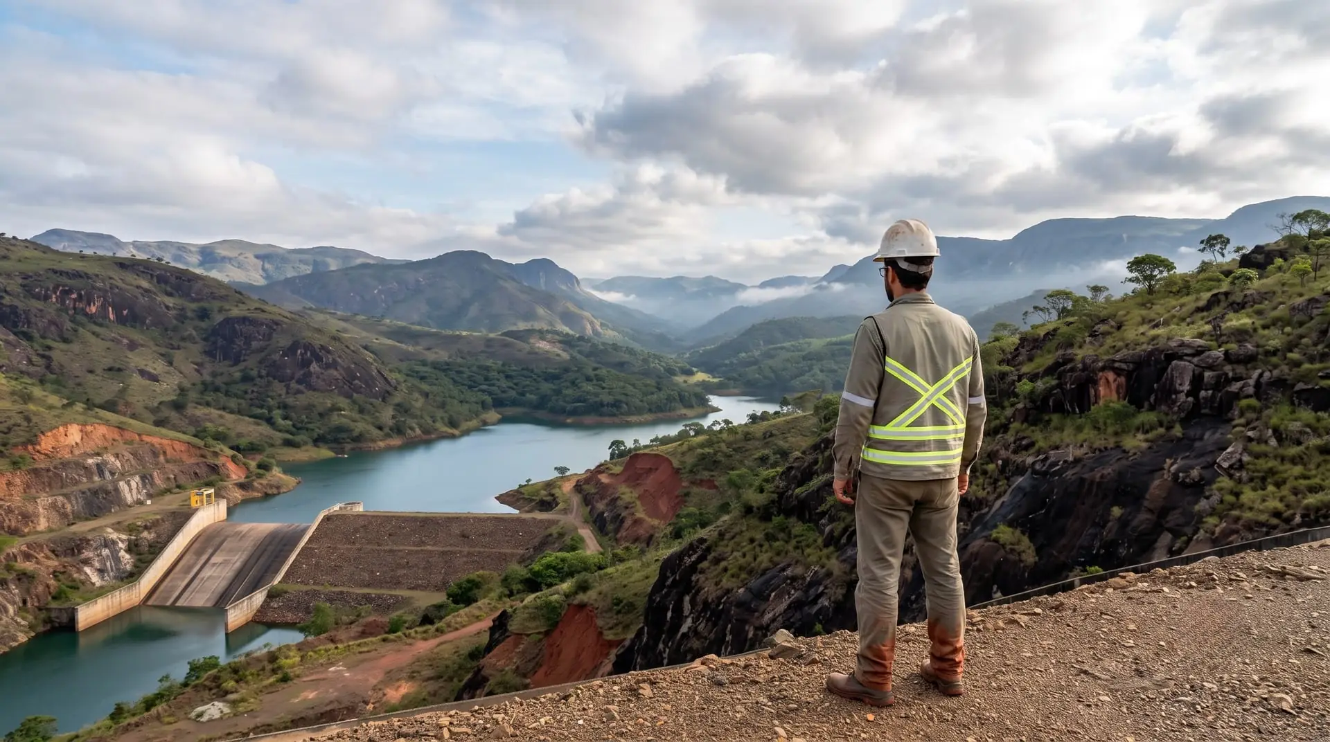 Engenheiro em vistoria de barragem em vale montanhoso